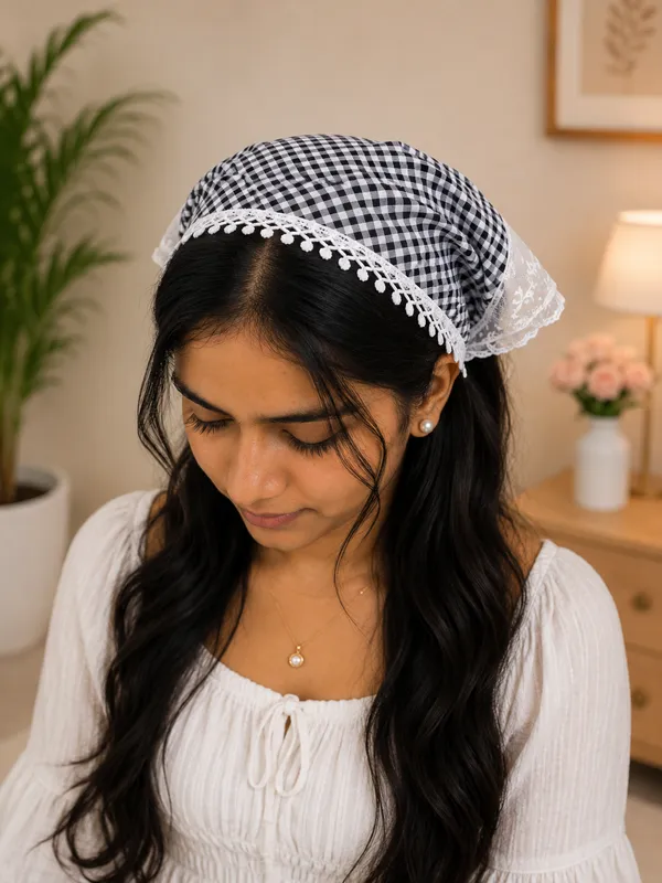 Women’s_Black_&_White_Checkered_Head_Scarf_Headband_with_Lace_Border_|_Stylish_Fabric_Hair_Band_for_Girls_&_Women_|_Comfortable_Hair_Accessory_for_Daily_Wear