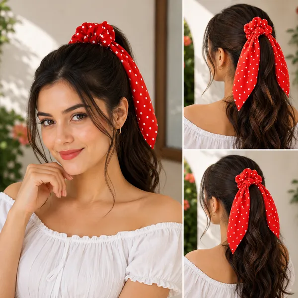 Women's_Polka_Dot_Hair_Scrunchie_with_Long_Scarf_Ribbon__Pack_of_4_Pcs(Multicolor)