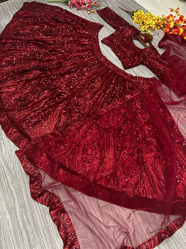 Embellished_Red_Soft_Net_Stitched_Lehenga_with_Unstitched_Choli_and_Dupatta