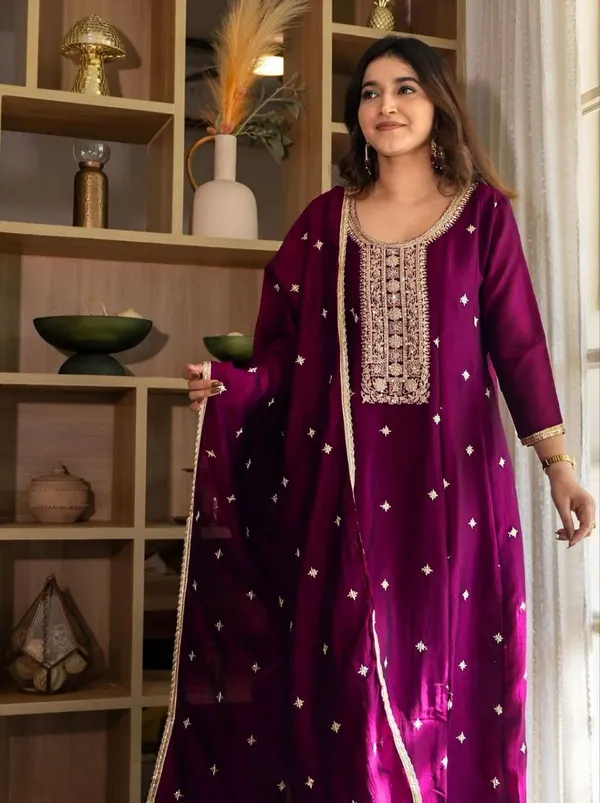 Wine_Anarkali_Designers_kurti_Pent_Set