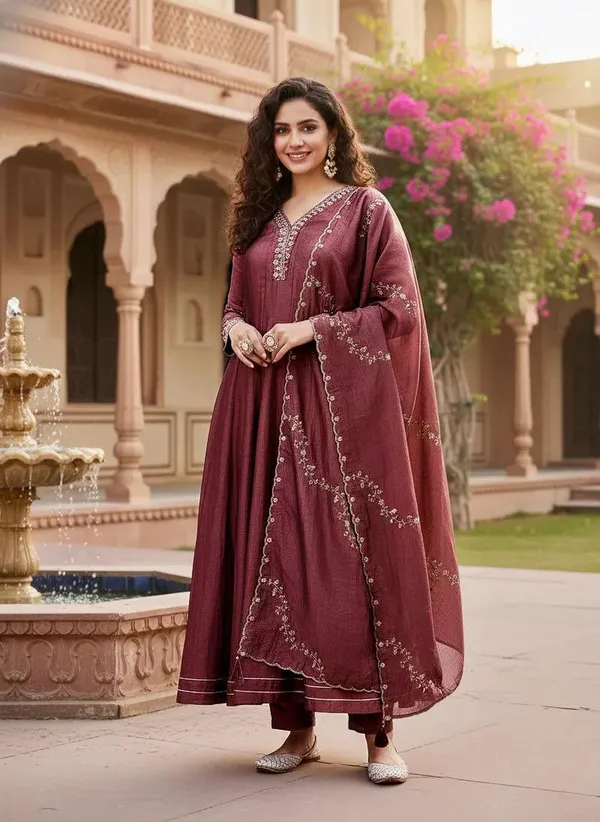 Wine_Anarkali_Designers_kurti_Pent_Set.