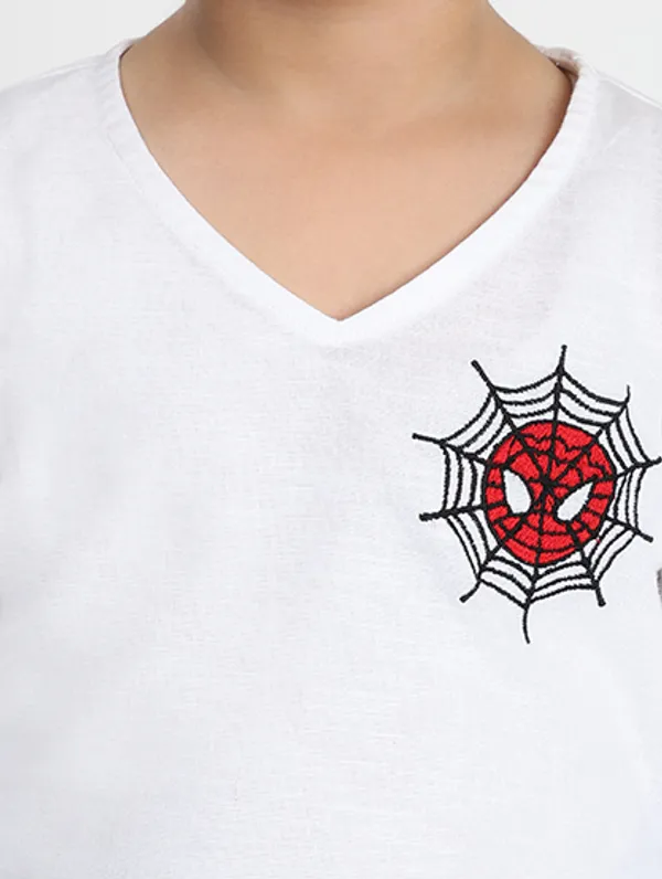 White_Pure_Linen_Spider_Man_Short_Kurta_For_Kids