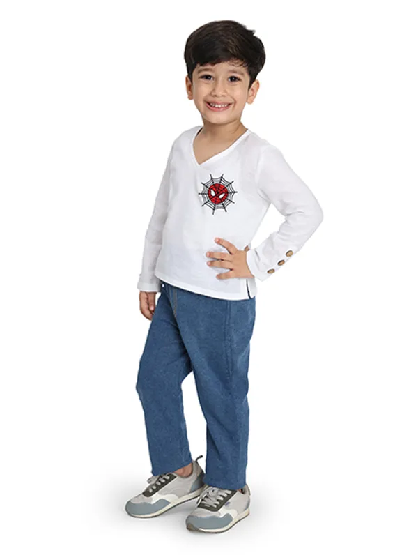 White_Pure_Linen_Spider_Man_Short_Kurta_For_Kids