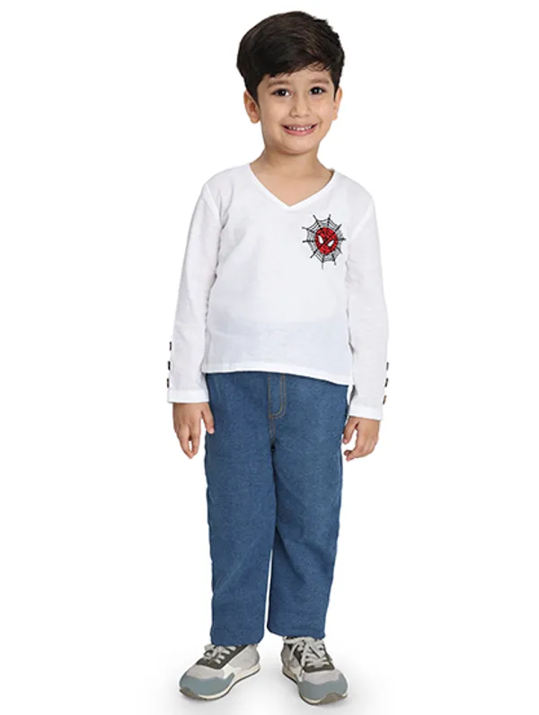 White_Pure_Linen_Spider_Man_Short_Kurta_For_Kids