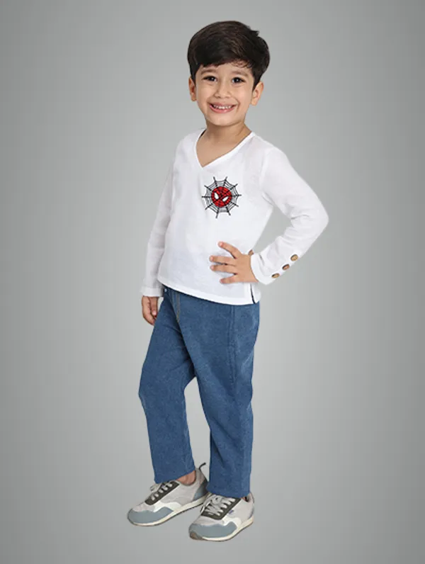 White_Pure_Linen_Spider_Man_Short_Kurta_For_Kids