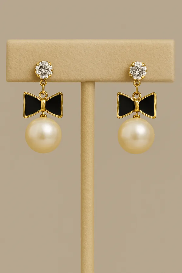 Anti-Tarnish_Luxe_Bow_Pearl_Drop_Earrings_Gold_&_Black