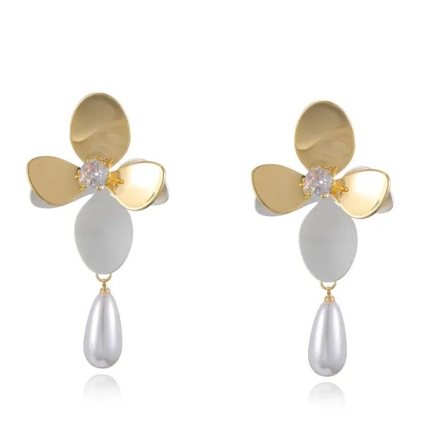 Golden_And_Silver_Floral_Pearl_Drop_Earrings
