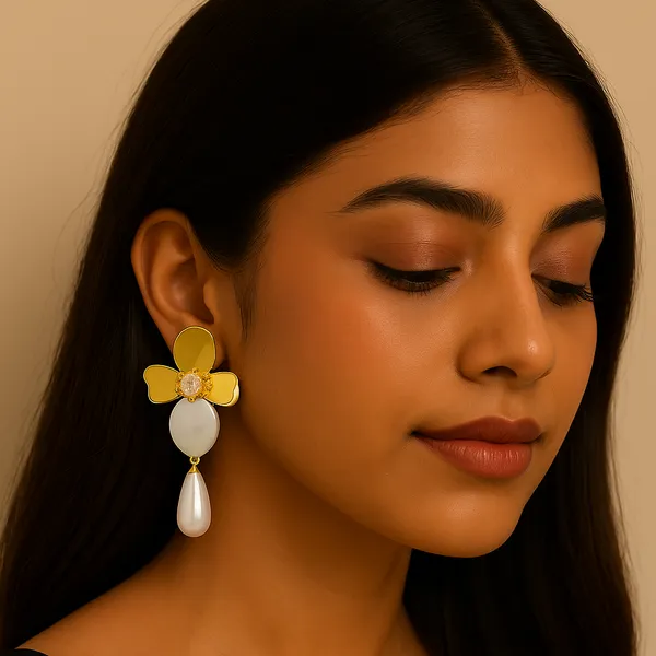 Golden_And_Silver_Floral_Pearl_Drop_Earrings