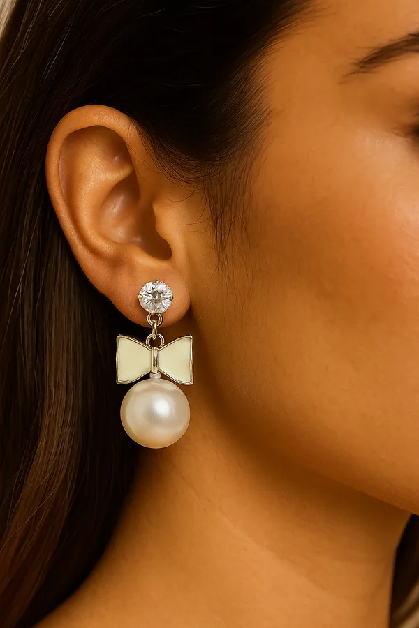 Anti-Tarnish_Luxe_Bow_Pearl_Drop_Earrings_Silver_Finish