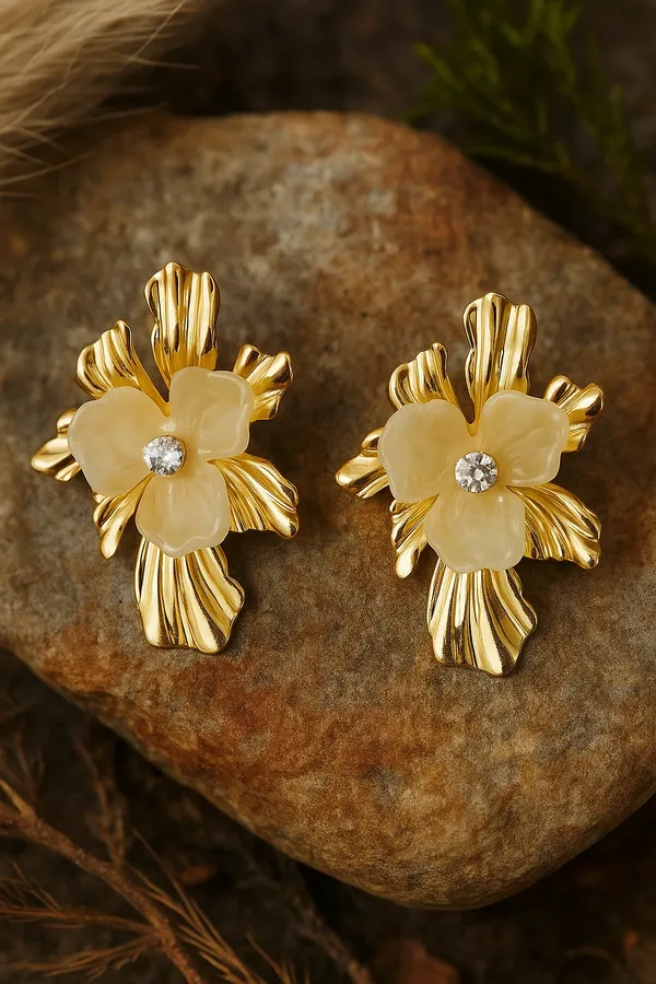 Anti-Tarnish_Gold_Floral_Earrings_with_Crystal_Center