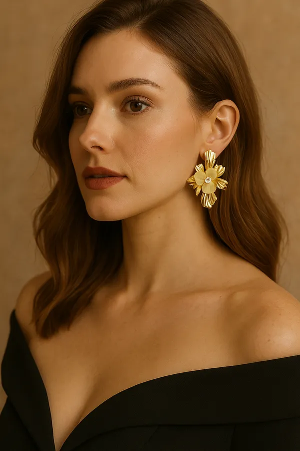 Anti-Tarnish_Gold_Floral_Earrings_with_Crystal_Center