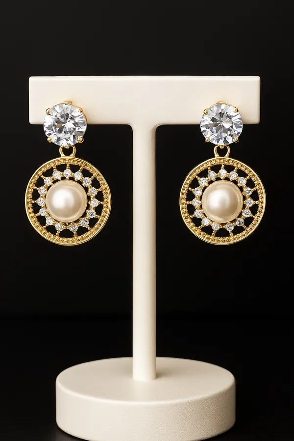 Anti-Tarnish_Pearl_&_Crystal_Halo_Drop_Earrings_Gold_Finish