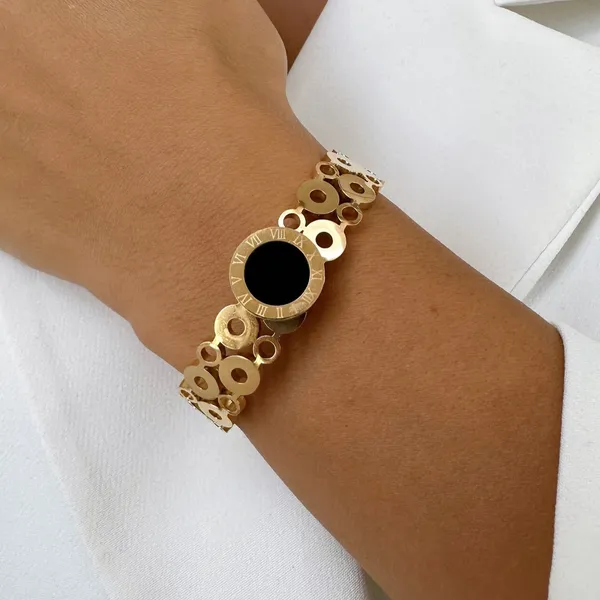 Anti-Tarnish_Black_Dial_Motif_Openwork_Cuff_Bracelet_Gold_Finish