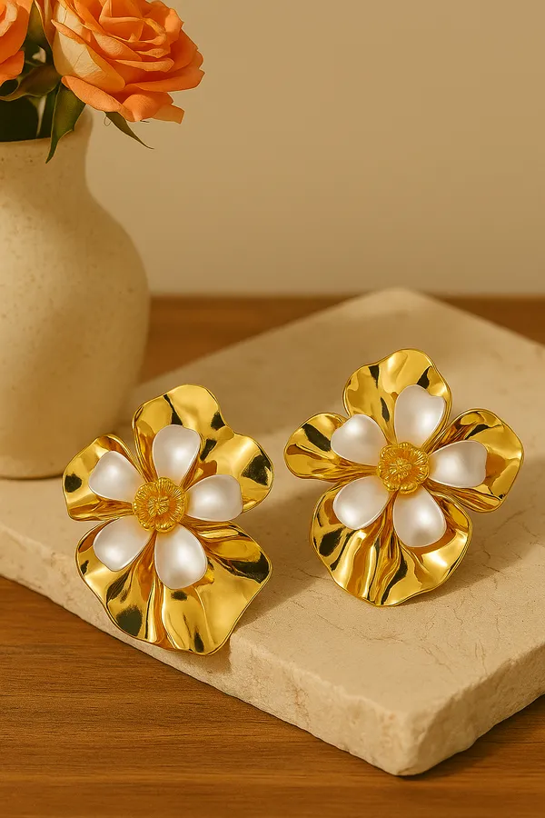 Anti-Tarnish_Golden_Petal_Radiance_Earrings_Pearlized_White_&_Amber_Center