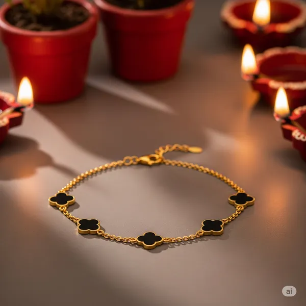 Anti-Tarnish_Black_Clover_Charm_Bracelet_Gold_Tone