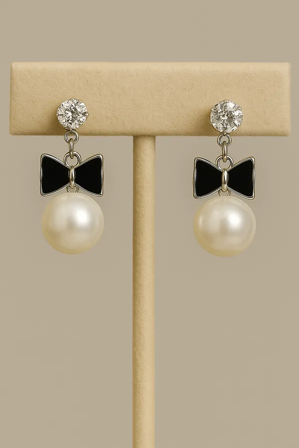 Anti-Tarnish_Luxe_Bow_Pearl_Drop_Earrings_Silver_&_Black