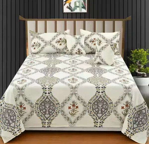 White_Cotton_Luxurious_5_Piece_Bedsheet_Set_(1_King_Size_Flat_Bedsheet,_2_Quilted_Pillow_Covers_&_2_Quilted_Square_Shaped_Cushion_Covers_With_Fillers)