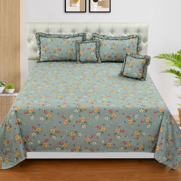 Green_Cotton_Luxurious_5_Piece_Bedsheet_Set_(1_King_Size_Flat_Bedsheet,_2_Decorative_Frill_Pillow_Covers_&_2_Decorative_Frill_Square_Shaped_Cushion_Covers_With_Fillers)