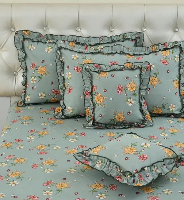 Green_Cotton_Luxurious_5_Piece_Bedsheet_Set_(1_King_Size_Flat_Bedsheet,_2_Decorative_Frill_Pillow_Covers_&_2_Decorative_Frill_Square_Shaped_Cushion_Covers_With_Fillers)