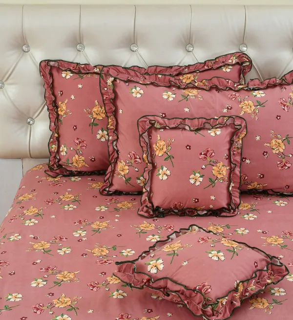 Peach_Cotton_Luxurious_5_Piece_Bedsheet_Set_(1_King_Size_Flat_Bedsheet,_2_Decorative_Frill_Pillow_Covers_&_2_Decorative_Frill_Square_Shaped_Cushion_Covers_With_Fillers)