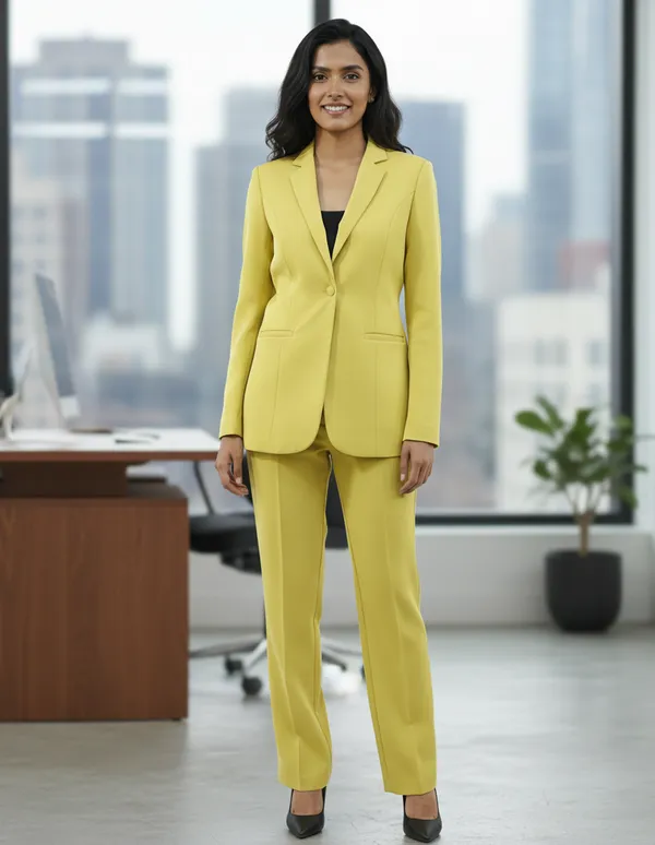 Lime_Yellow_Polyester_Blend_Formal_Pantsuit_Single_Button_Blazer_With_Straight_Pants_For_Women