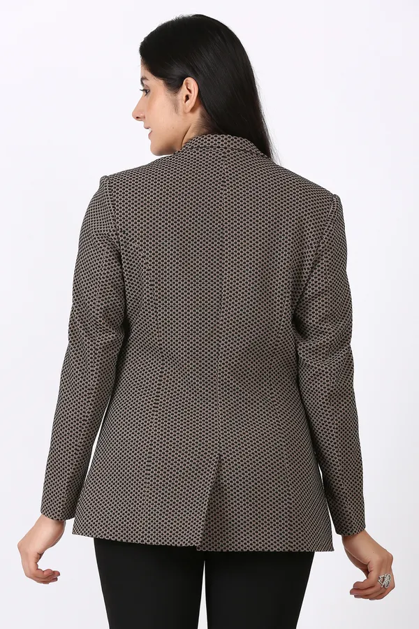 Beige_Black_Dot_Pantsuit_Single_Button_Blazer_With_Straight_Pants_For_Women