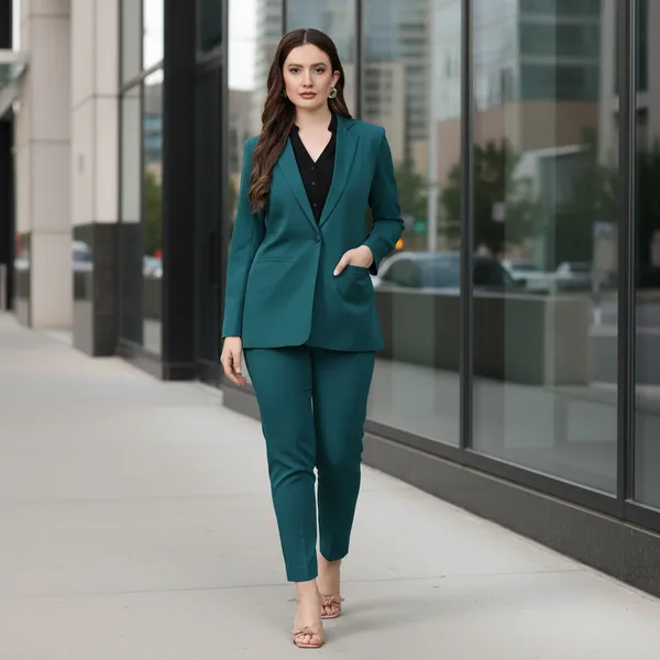 Bottle_Green_Polyester_Blend_Formal_Pantsuit_Single_Button_Blazer_With_Straight_Pants_For_Women