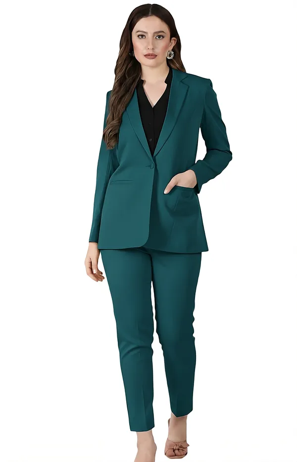 Bottle_Green_Polyester_Blend_Formal_Pantsuit_Single_Button_Blazer_With_Straight_Pants_For_Women