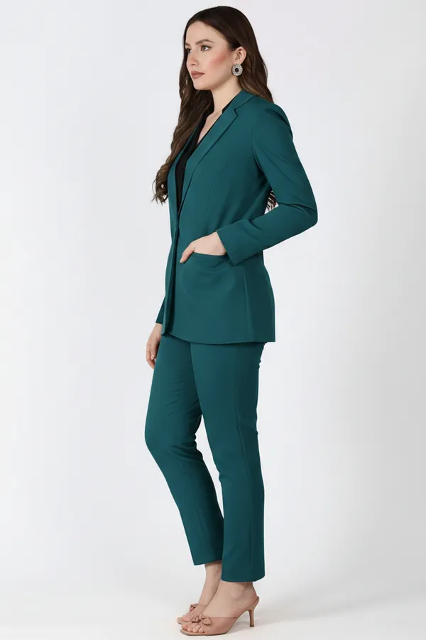 Bottle_Green_Polyester_Blend_Formal_Pantsuit_Single_Button_Blazer_With_Straight_Pants_For_Women