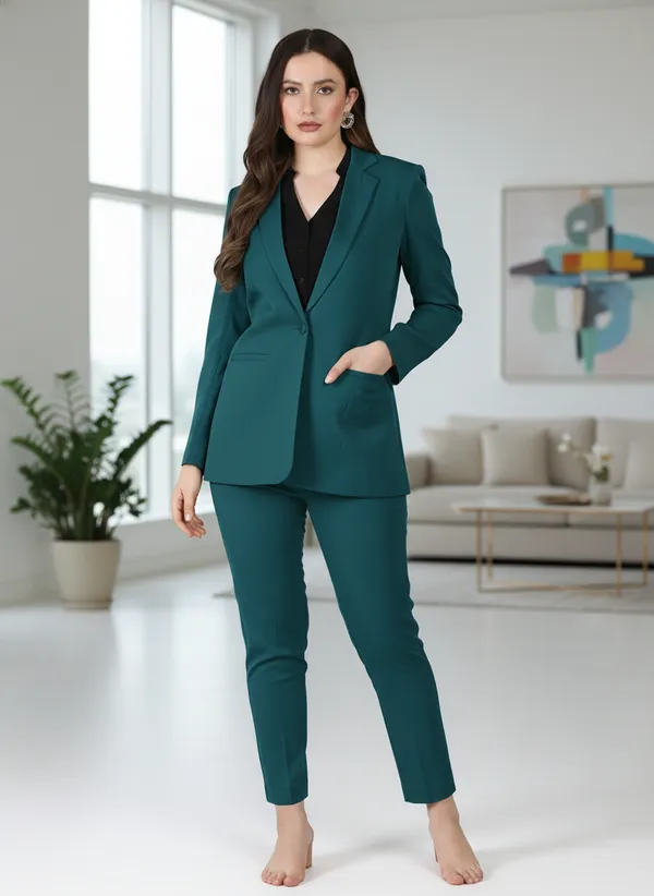 Bottle_Green_Polyester_Blend_Formal_Pantsuit_Single_Button_Blazer_With_Straight_Pants_For_Women