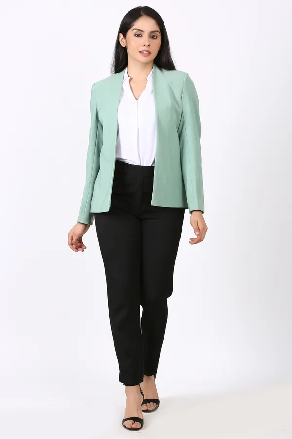 EDENRYD_Formal_Pant_suit_open_front_Dusty_green_Blazer_with_Black_Pant_Solid_Women_Suit