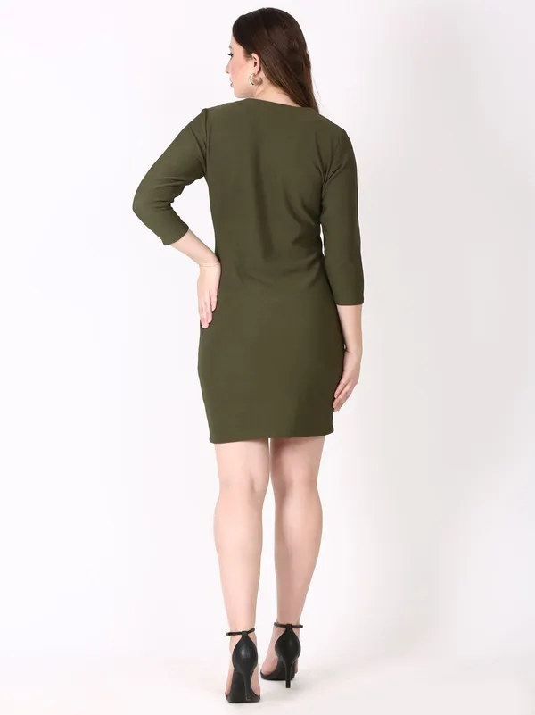Dark_Green_Cotton_Blend_Casual_Solid_Wrap_Dress_For_Women