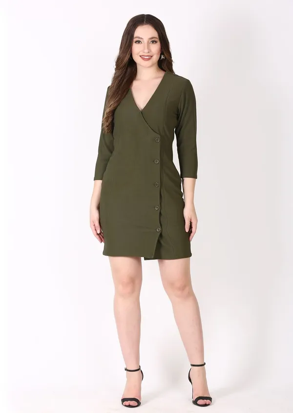 Dark_Green_Cotton_Blend_Casual_Solid_Wrap_Dress_For_Women
