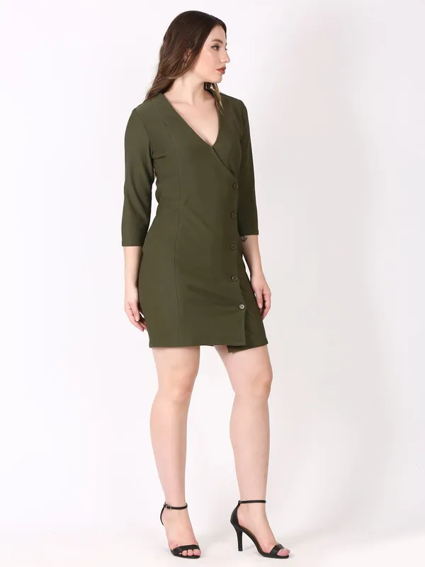 Dark_Green_Cotton_Blend_Casual_Solid_Wrap_Dress_For_Women