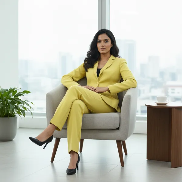 Lime_Yellow_Polyester_Blend_Formal_Pantsuit_Single_Button_Blazer_With_Straight_Pants_For_Women