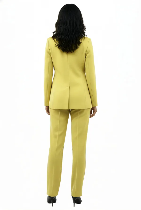 Lime_Yellow_Polyester_Blend_Formal_Pantsuit_Single_Button_Blazer_With_Straight_Pants_For_Women