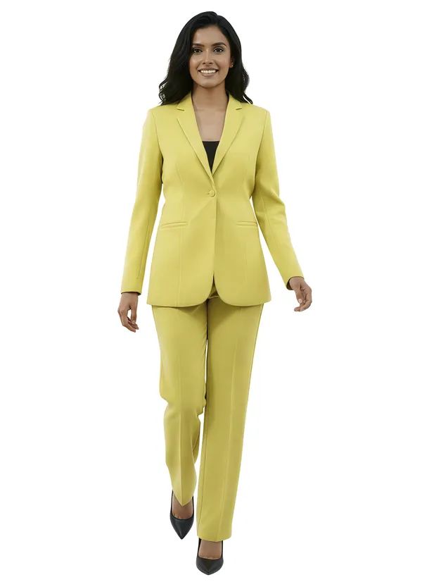 Lime_Yellow_Polyester_Blend_Formal_Pantsuit_Single_Button_Blazer_With_Straight_Pants_For_Women