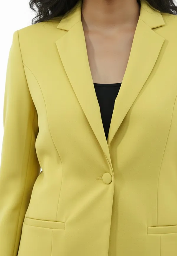 Lime_Yellow_Polyester_Blend_Formal_Pantsuit_Single_Button_Blazer_With_Straight_Pants_For_Women