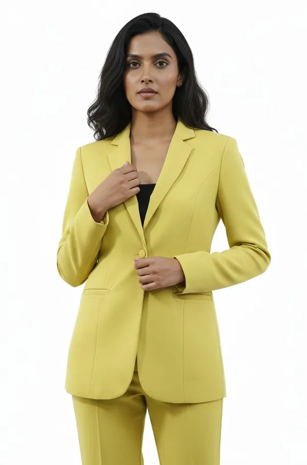 Lime_Yellow_Polyester_Blend_Formal_Pantsuit_Single_Button_Blazer_With_Straight_Pants_For_Women