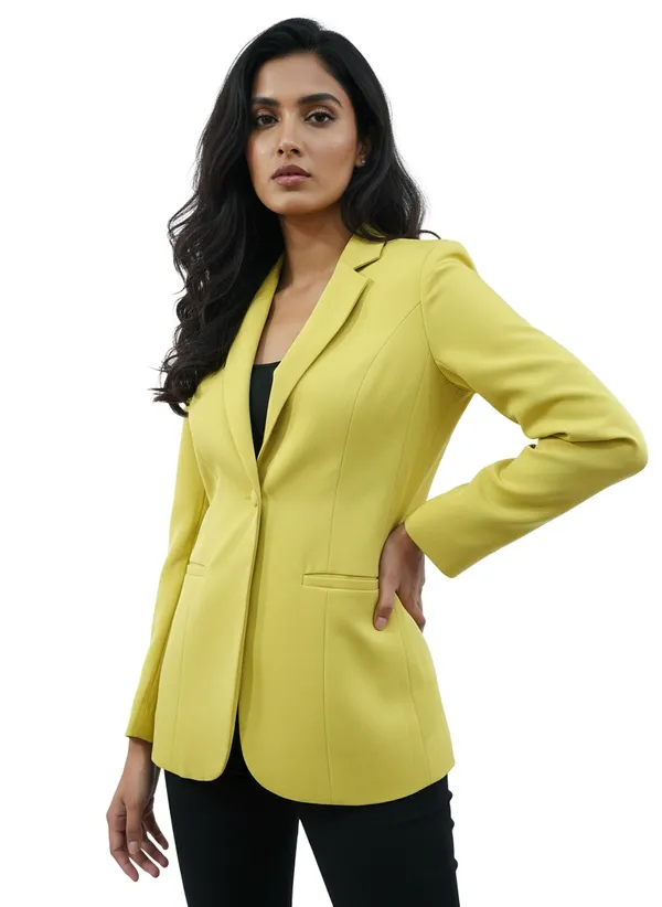 Lime_Yellow_Polyester_Blend_Formal_Single_Breasted_Blazer_For_Women