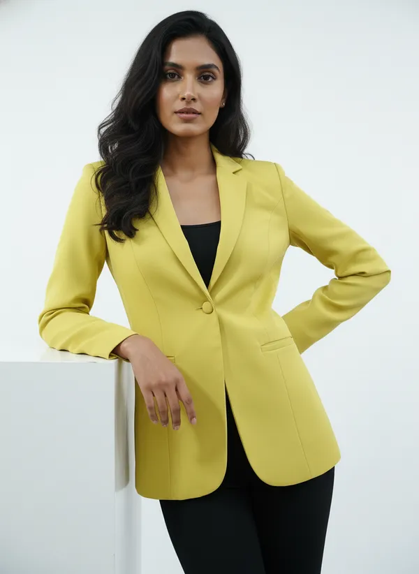 Lime_Yellow_Polyester_Blend_Formal_Single_Breasted_Blazer_For_Women