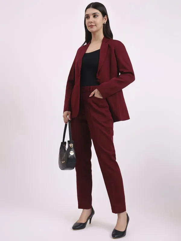 Maroon_Polyester_Blend_Formal_Pantsuit_Single_Button_Blazer_With_Straight_Pants_For_Women