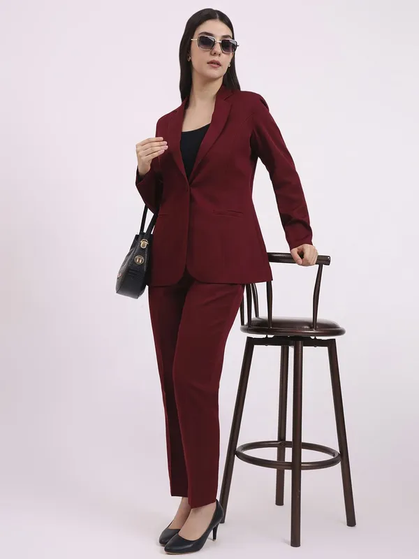 Maroon_Polyester_Blend_Formal_Pantsuit_Single_Button_Blazer_With_Straight_Pants_For_Women