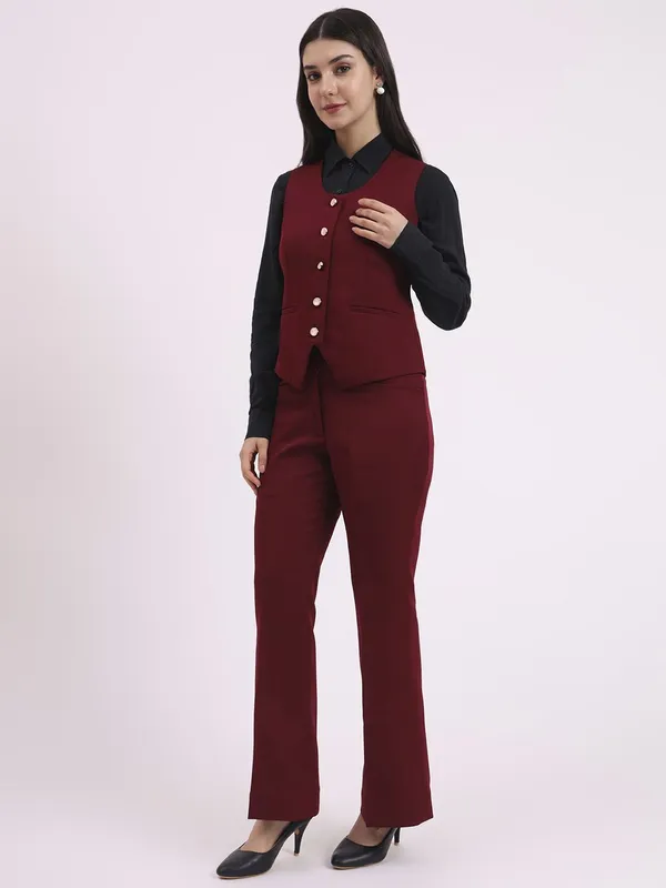 Maroon_Waistcoat_with_Pant_set_Women_Suit