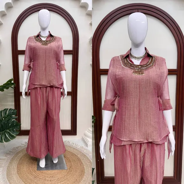 3_Piece_Cord_Set_Salsa_Crushed_Hand_Work_Shrug_Set_Pink