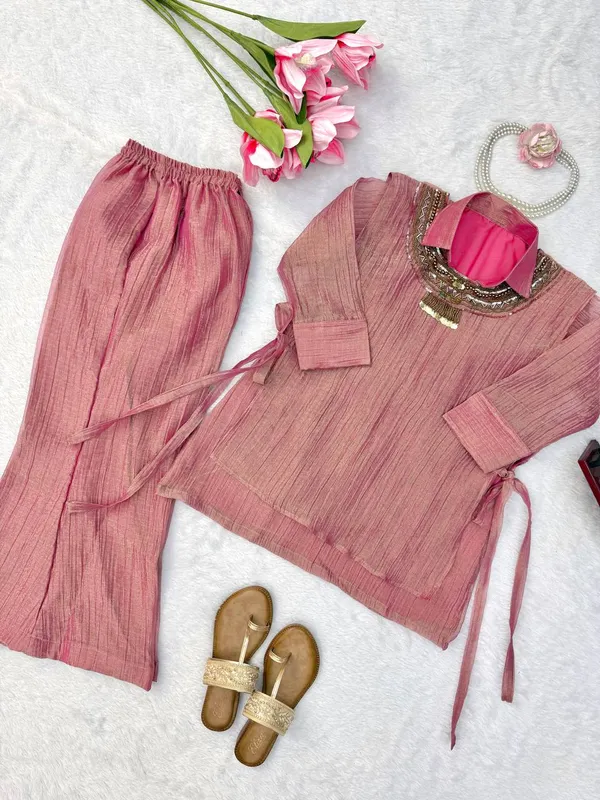 3_Piece_Cord_Set_Salsa_Crushed_Hand_Work_Shrug_Set_Pink