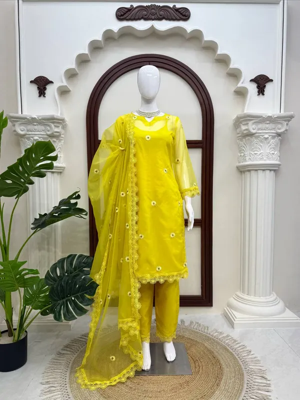 4_Piece_Organza_Shrug_Thread_Work_Lace_Ethnic_Set_Yellow