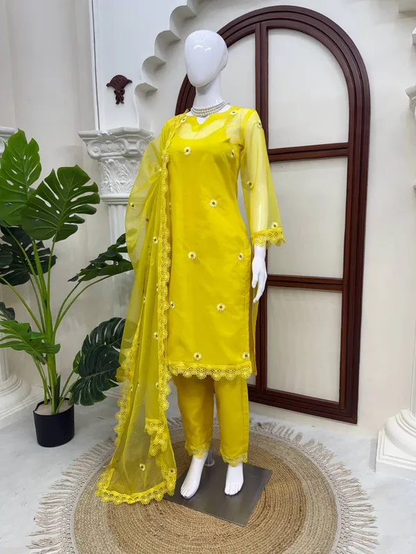 4_Piece_Organza_Shrug_Thread_Work_Lace_Ethnic_Set_Yellow