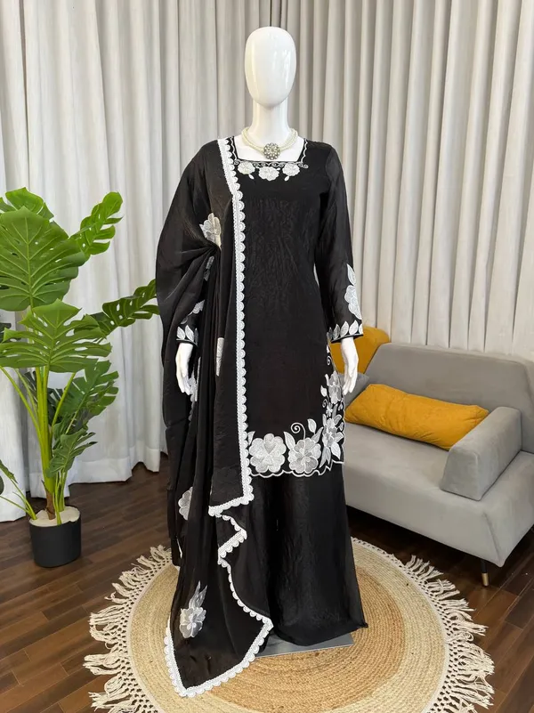 Black_White_Embroiderd_Suit_With_Pant_And_Dupatta_Set_|_For_Women