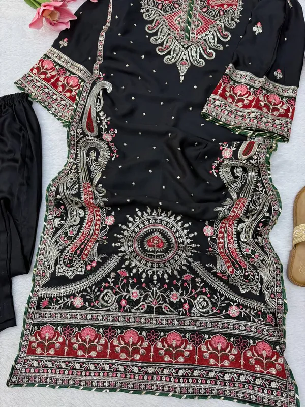 Biscuit_Slub_Kashmiri_Kaftan_Pant_Ethnic_Set_Black